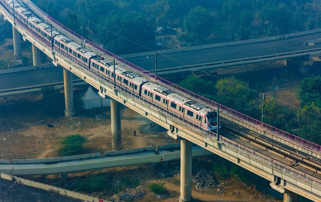 aerial view delhi metro railway bridge
