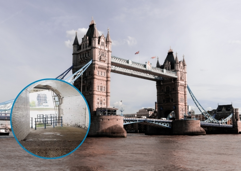 Dead Man's Hole lies beneath the north tower of one of London's most famous bridges. Image credit: Canva and ICE