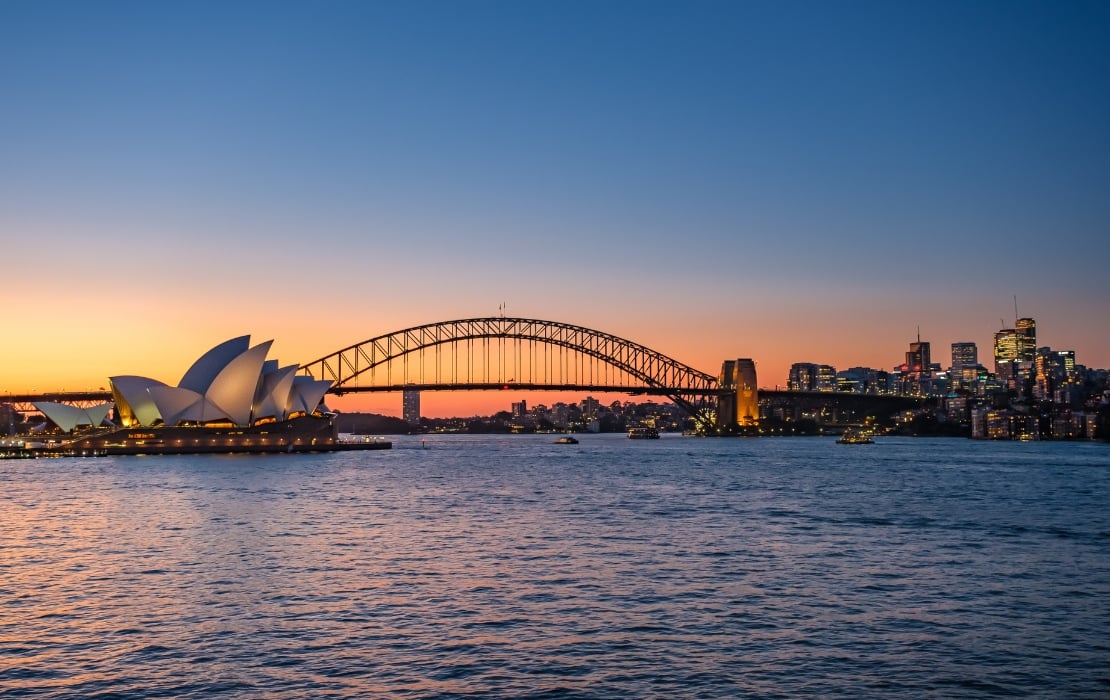 A photo of the Sydney Harbour Bridge in Australia at sunset. The Sydney Opera House is visible on the left with a few skyscrapers on the right. There's water in the foreground and a setting sun in the background.