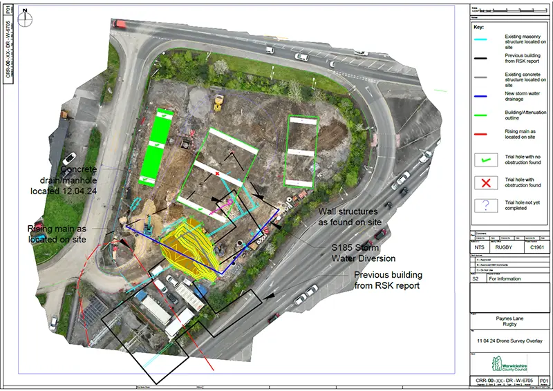 Drone overlay with historic records to trace hidden obstructions